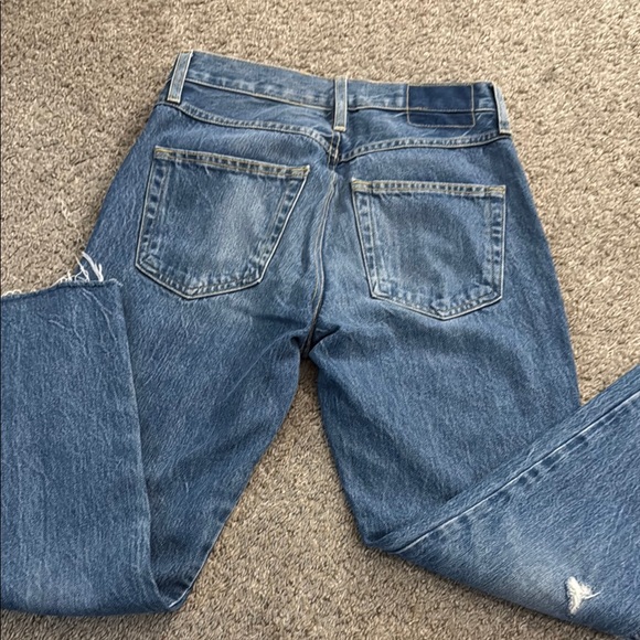 AMO Blue Straight Leg Jeans with Vintage Distressing